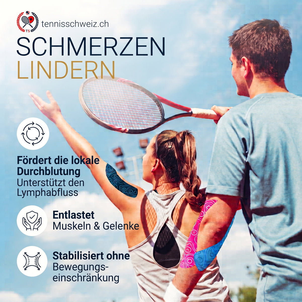 Tennisspieler auf dem Court mit Kinesiologie-Tape an Arm und Schulter zur Entlastung, lokalen Durchblutungsförderung und Stabilisierung beim Aufschlag.