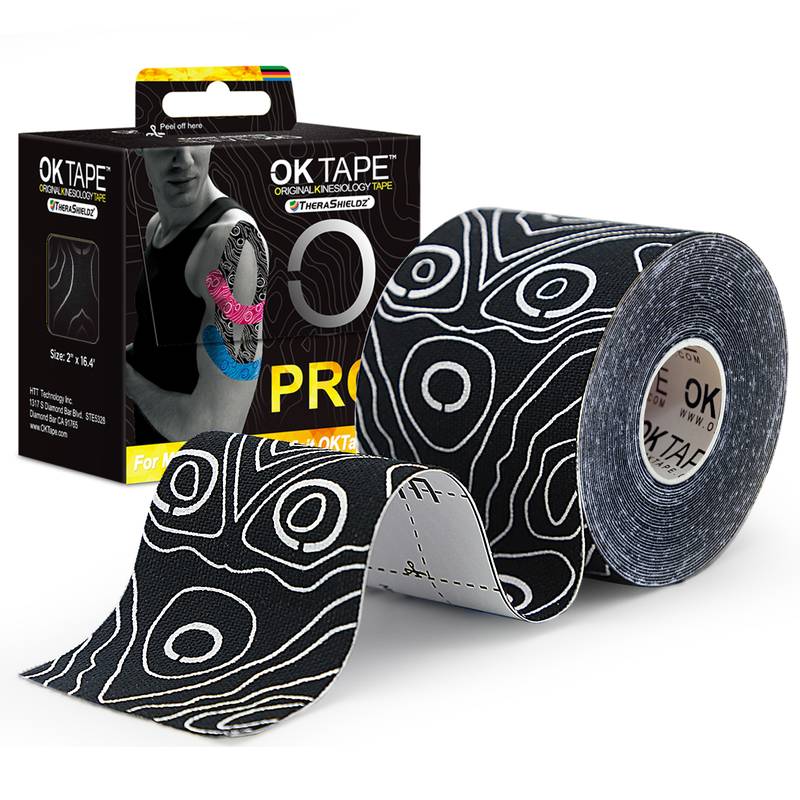 Schwarzes elastisches Kinesiologie-Tape Pro mit weissem Konturenmuster und Produktverpackung zur Muskelstabilisation