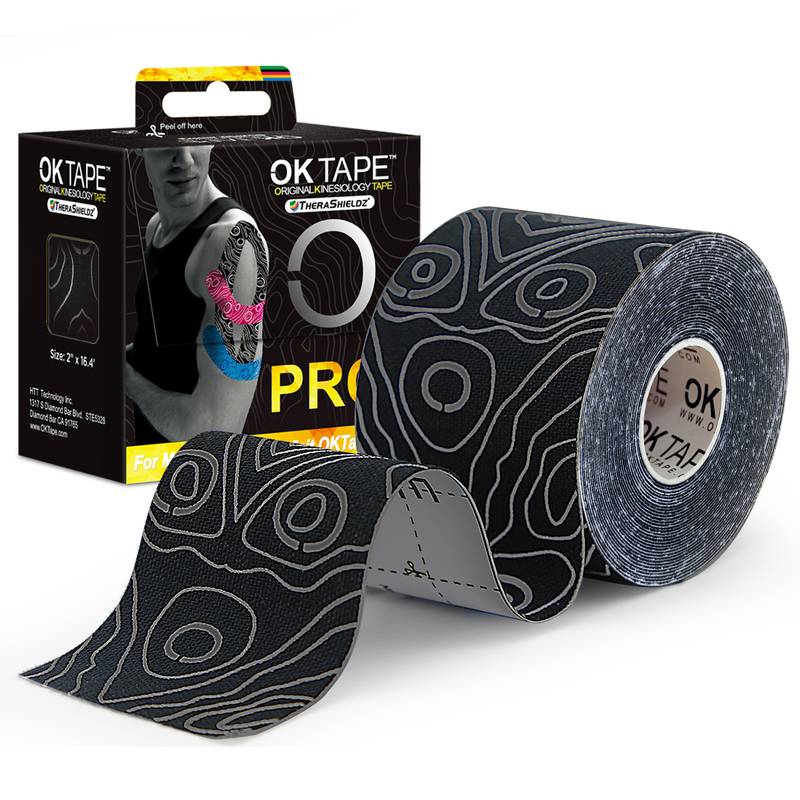 Schwarzes elastisches Kinesiotape mit hellen Konturen und Produktbox für Training und Wettkampf