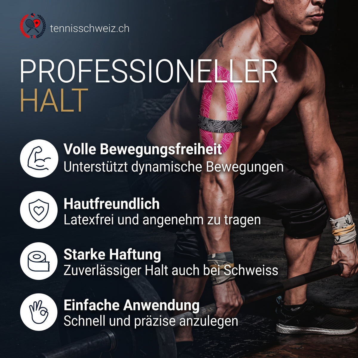 Kraftsportler beim Kreuzheben mit Kinesiologie-Tape am Oberarm für professionellen Halt, starke Haftung bei Schweiss und spürbare Muskelunterstützung.