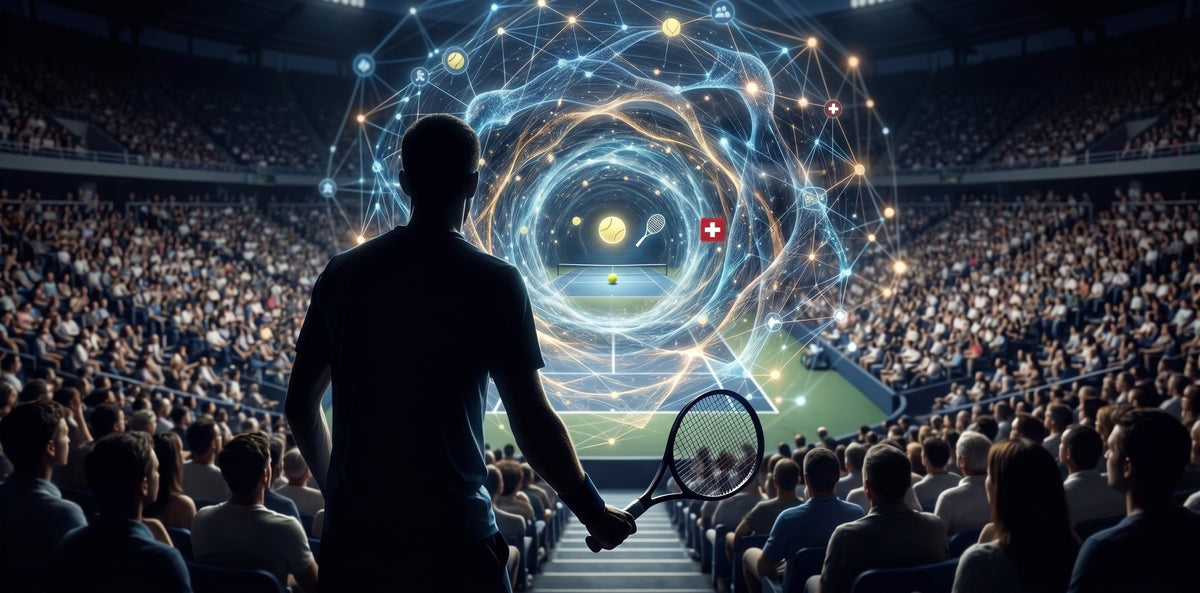 Blick von der Tribüne über die Zuschauer auf einen Tennisspieler, umgeben von einem leuchtenden Tunnel-Netzwerk aus Datenpunkten und einem Schweizer Kreuz, das Fokus und Konzentration darstellt.