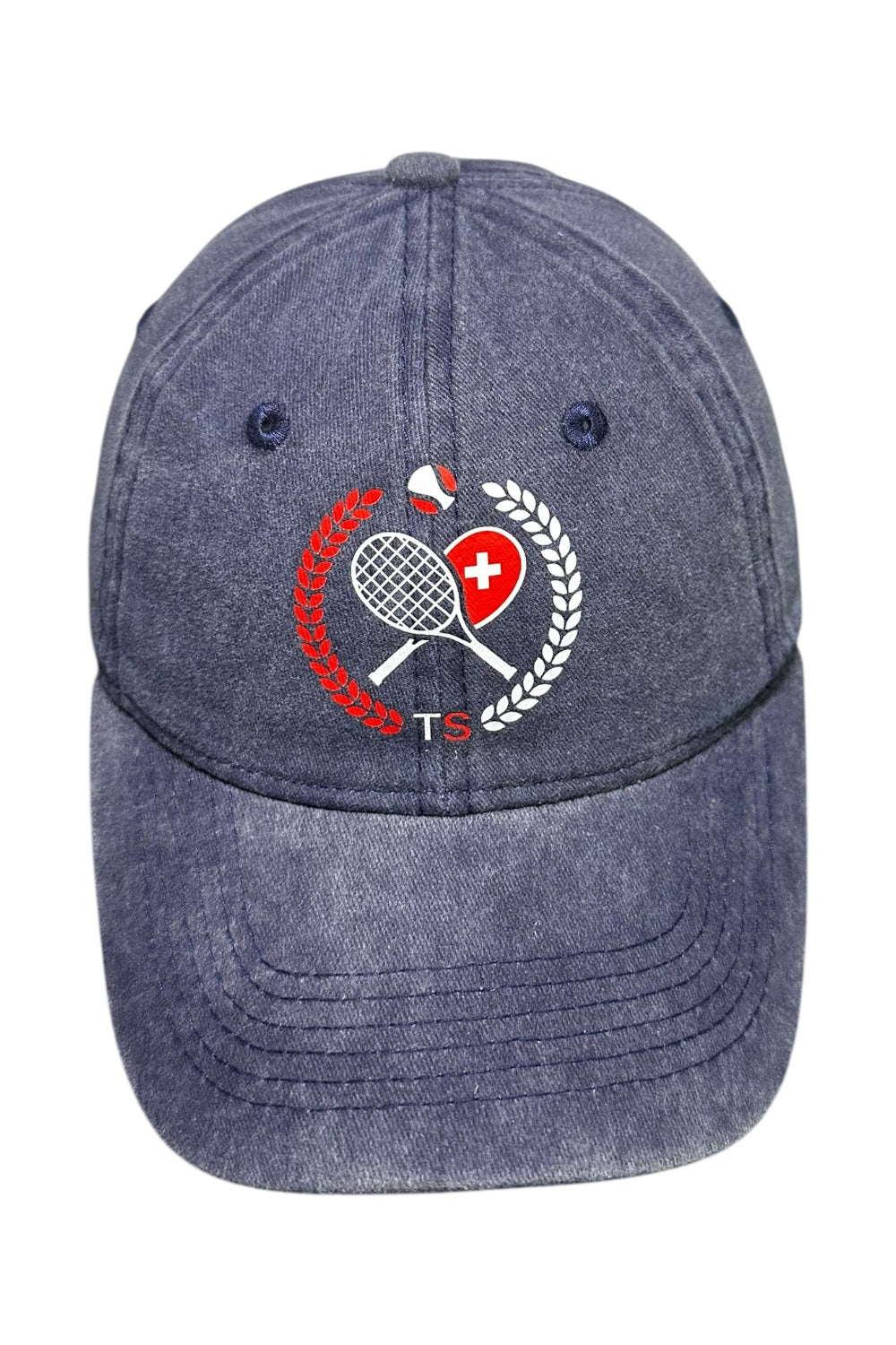 Washed blaues Tennis Schweiz Cap mit farbigem Schweizer Wappen-Logo