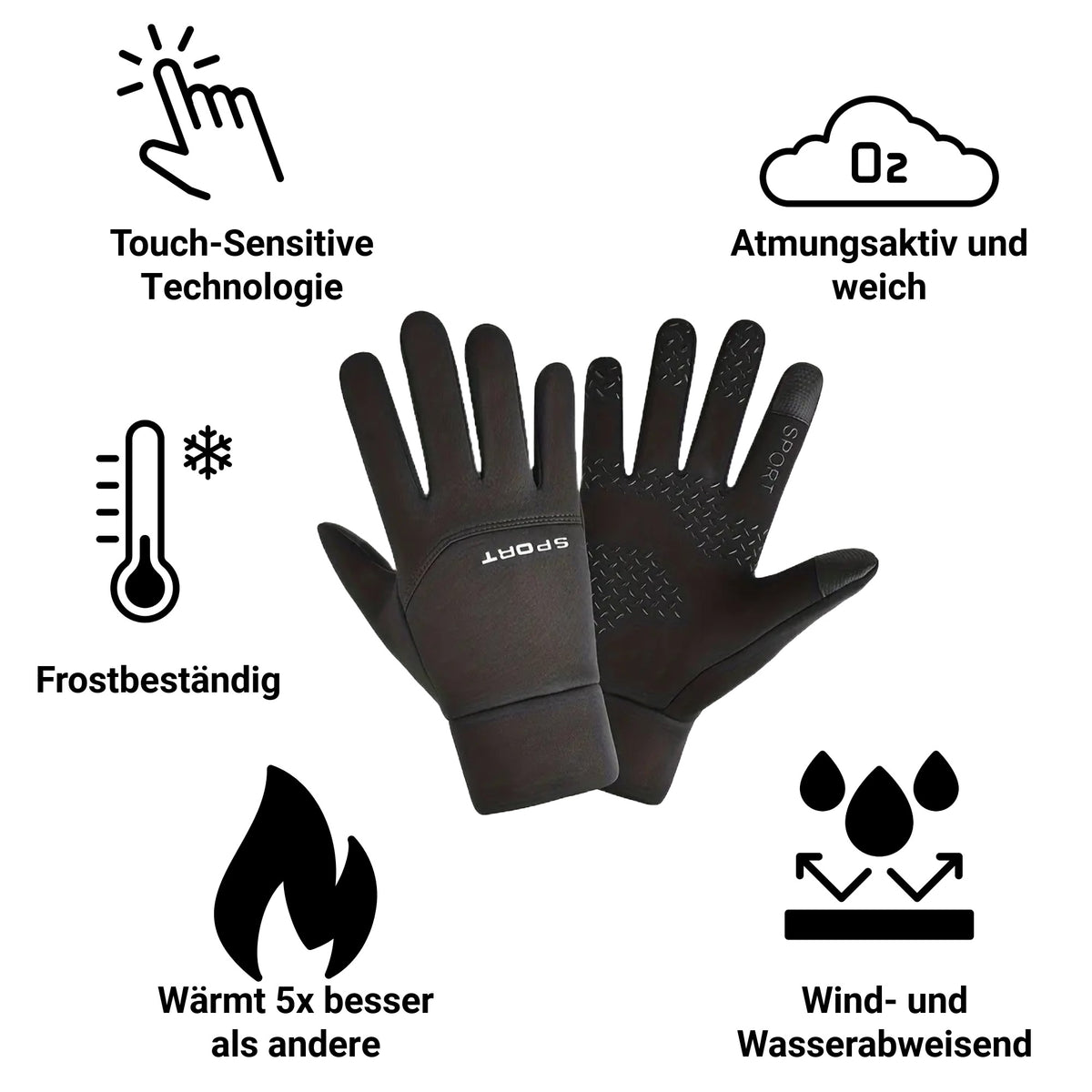 Vorteile der Active Sport Handschuhe als Infografik: Atmungsaktiv, frostbeständig und Touch-Technologie