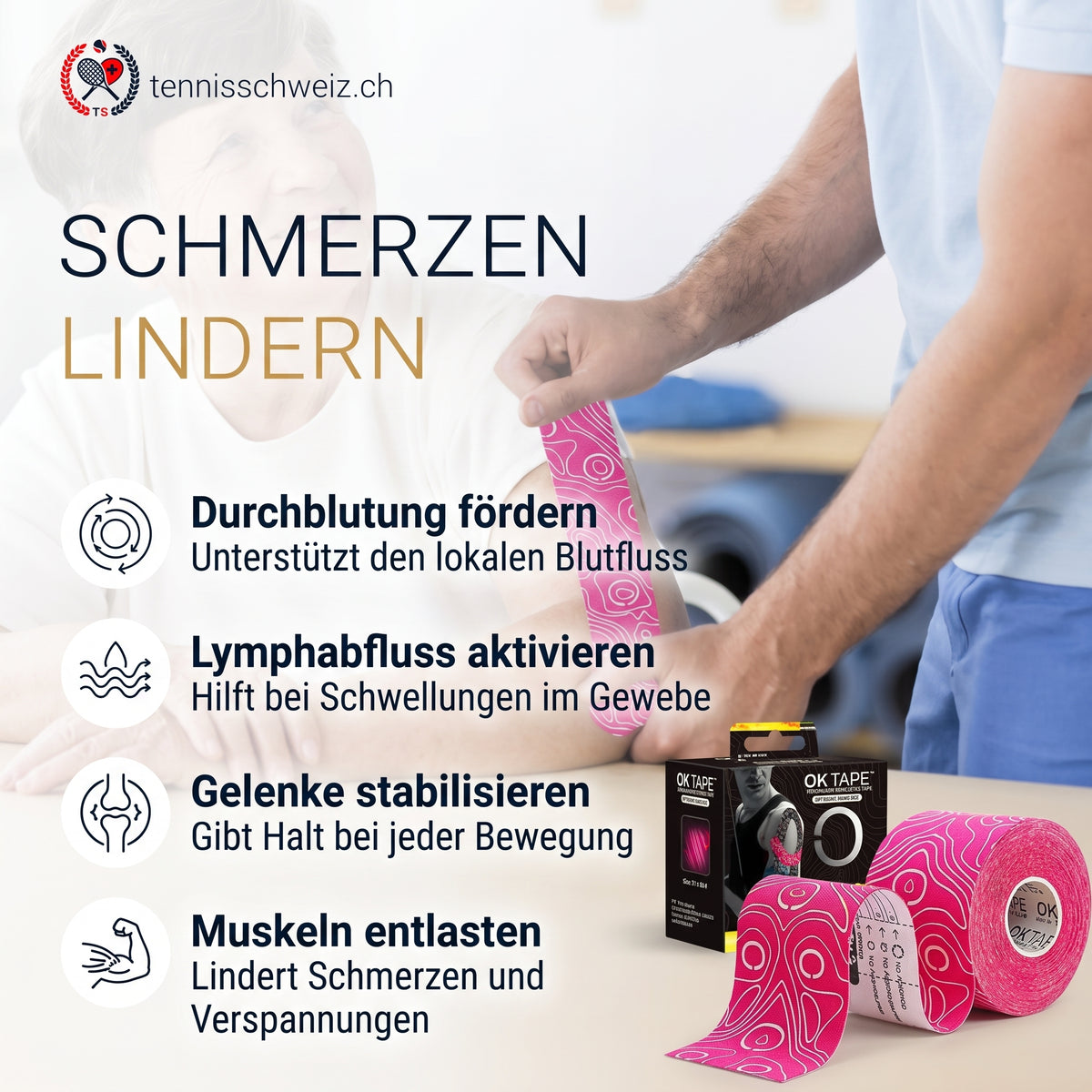 Anwendung von Kinesiologie-Tape zur Schmerzlinderung am Arm: Fördert die Durchblutung, aktiviert den Lymphabfluss und entlastet beanspruchte Gelenke und Muskeln.