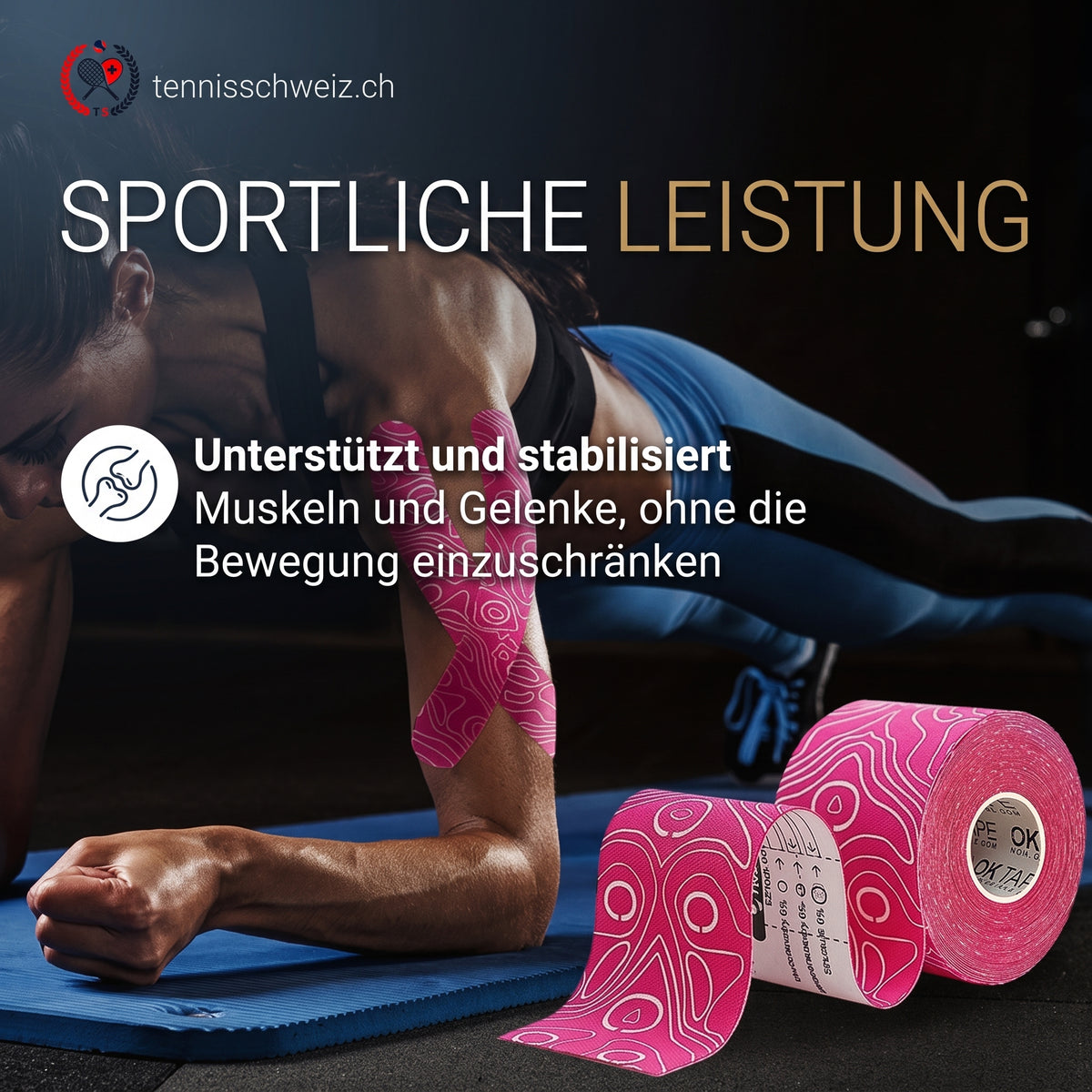 Sportlerin im Unterarmstütz mit pinkem Kinesiologie-Tape zur Stabilisierung von Muskeln und Gelenken für maximale sportliche Leistung ohne Bewegungseinschränkung.