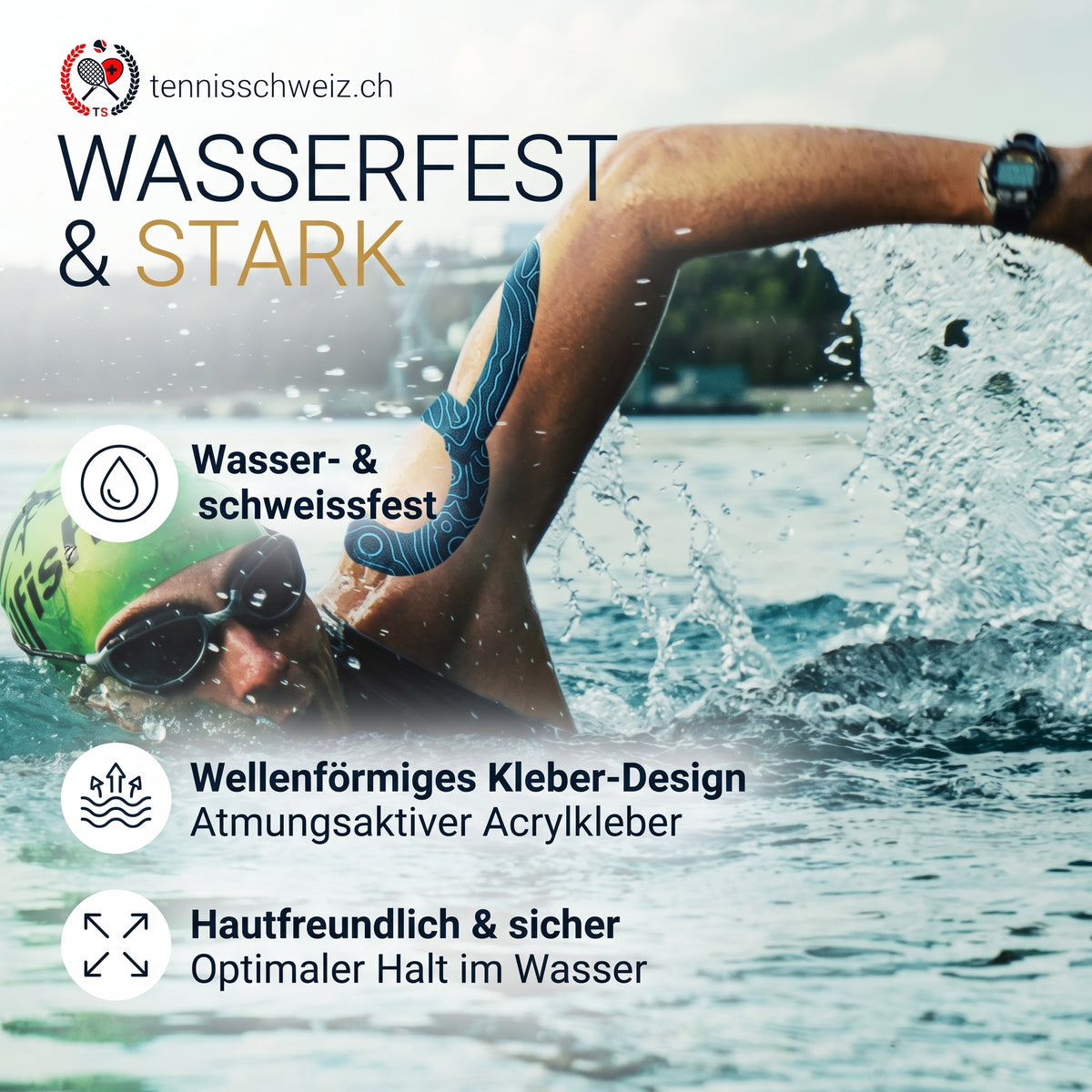 Schwimmer im Wasser mit blauem Kinesiologie-Tape an der Schulter: Zeigt die Eigenschaften wasserfest, schweissfest und optimaler Halt dank atmungsaktivem Acrylkleber.