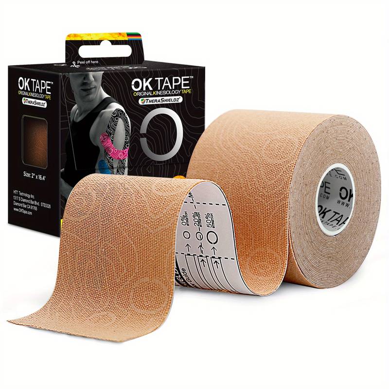 Hautfarbenes Kinesiotape in Beige mit dezenter Struktur und Verpackung zur unauffälligen Anwendung
