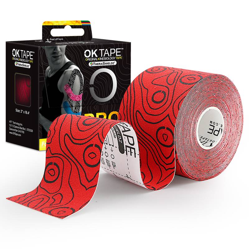 Rotes Sport-Kinesiotape mit schwarzem Designmuster und Verpackung zur Muskelstabilisierung