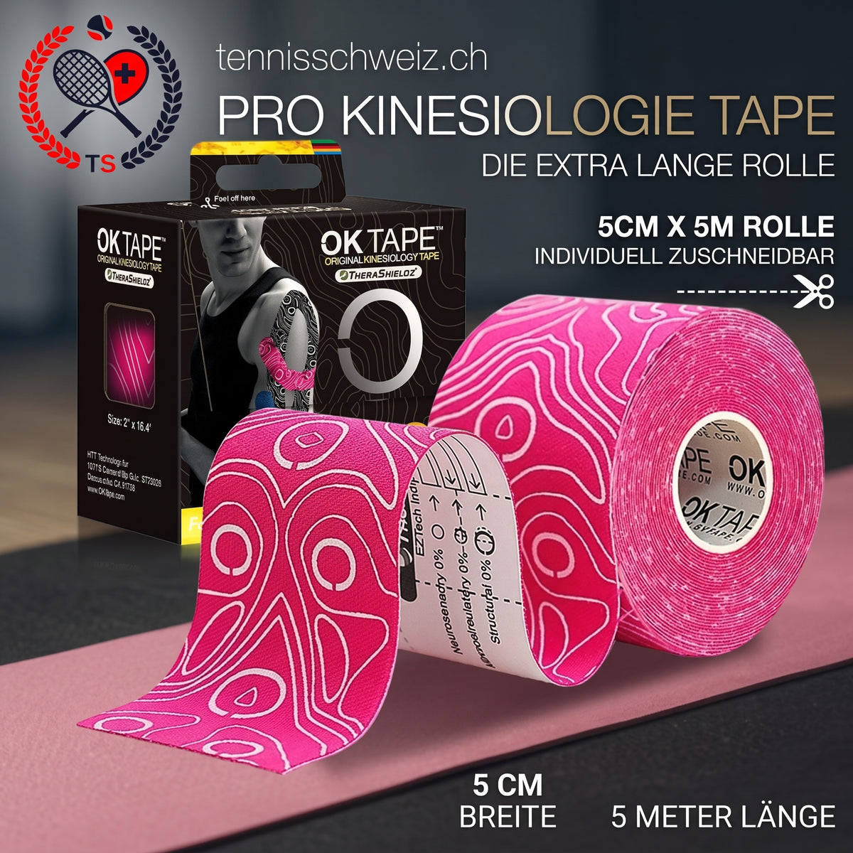 Pro Kinesiologie-Tape in Pink von tennisschweiz.ch: Extra lange Rolle mit 5 cm Breite und 5 m Länge, individuell zuschneidbar, inklusive Produktverpackung.
