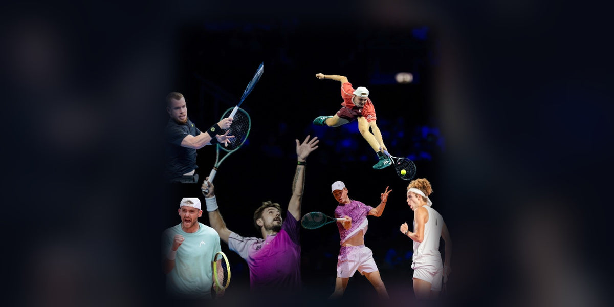 Collage der sechs Schweizer Wildcard-Spieler der Swiss Indoors 2026 in Aktion vor dunklem Hallenhintergrund