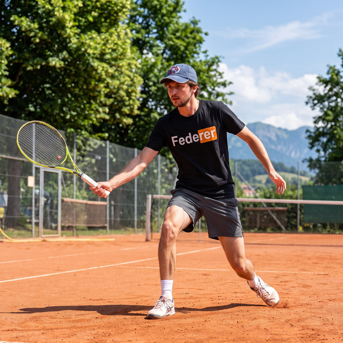 Konzentrierter Tennisspieler in Aktion auf dem Sandplatz beim Vorhandschlag, trägt ein schwarzes Federer-Shirt und ein dunkelblaues Cap vor Bergkulisse