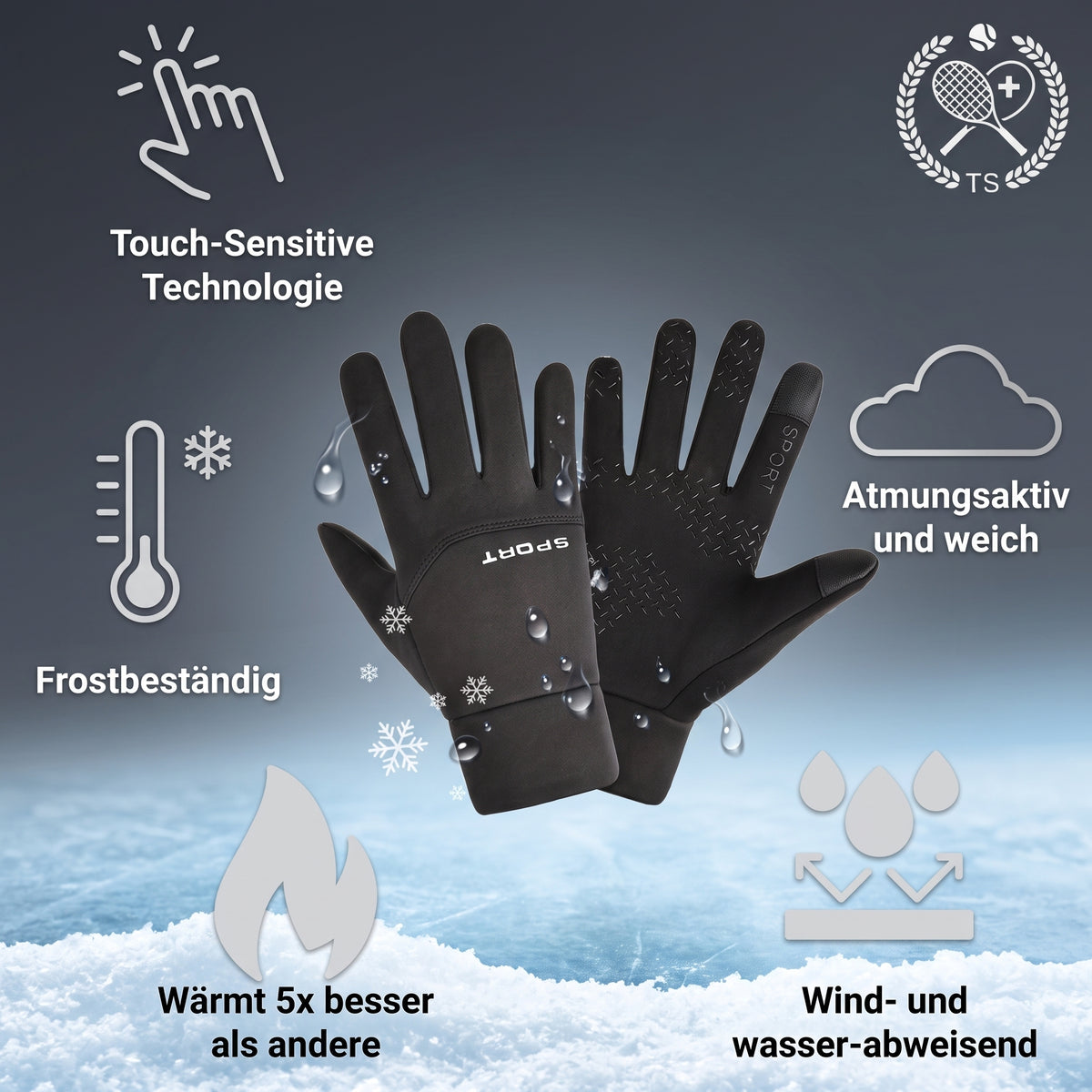 Produktgrafik der Active Sport Handschuhe über Schnee mit Wassertropfen und Icons zu Touch-Funktion, Kälteschutz und Atmungsaktivität