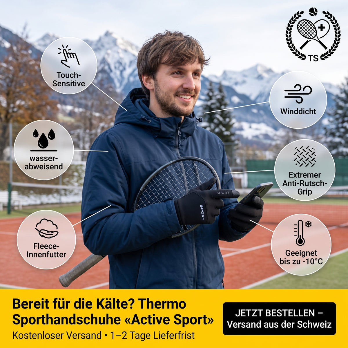 Tennisspieler mit Schläger und Smartphone auf dem Tennisplatz im Winter mit Produkteigenschaften der Active Sport Handschuhe und Versandinfo Schweiz