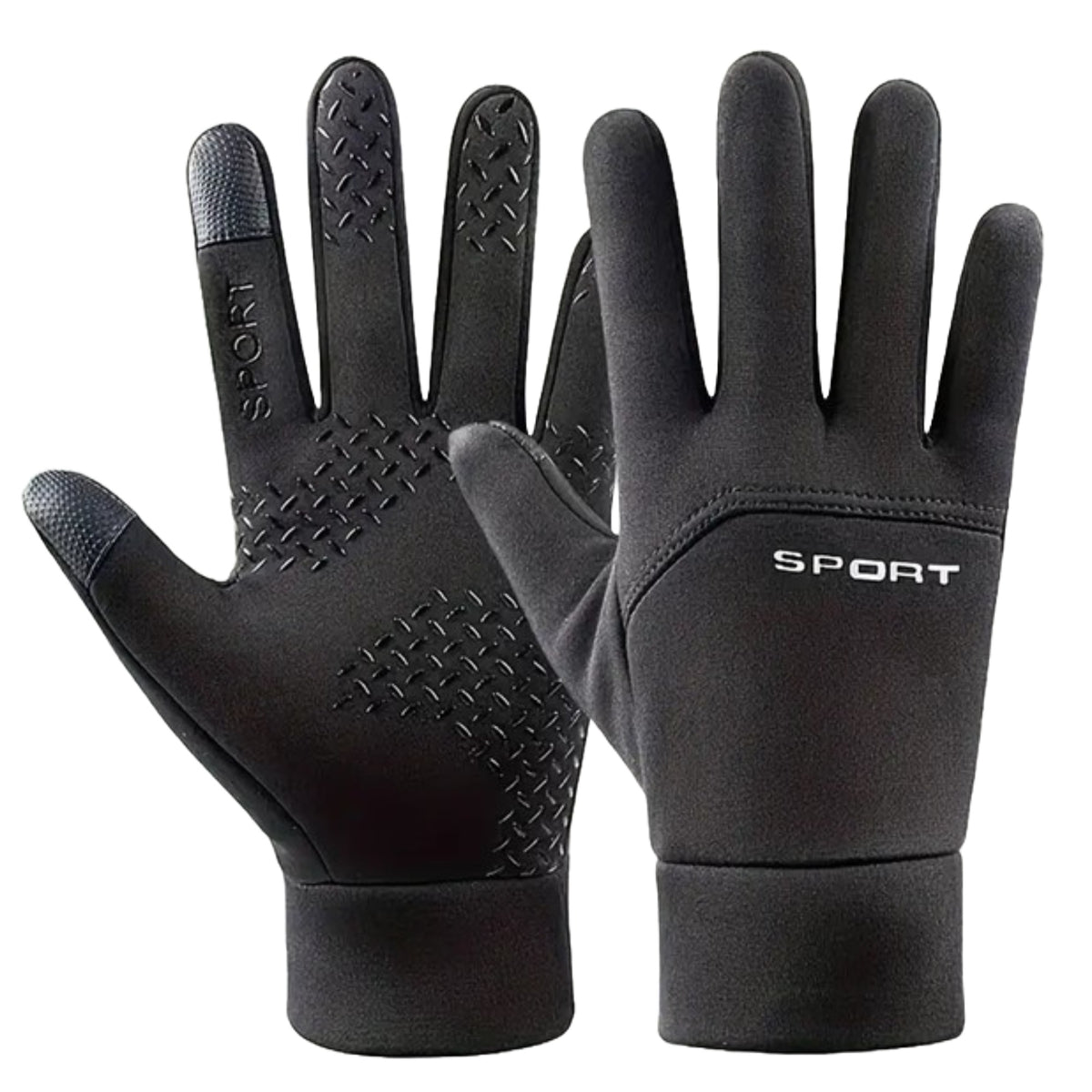 Schwarze Active Sport Handschuhe mit Silikon-Grip und Touchscreen auf weissem Hintergrund