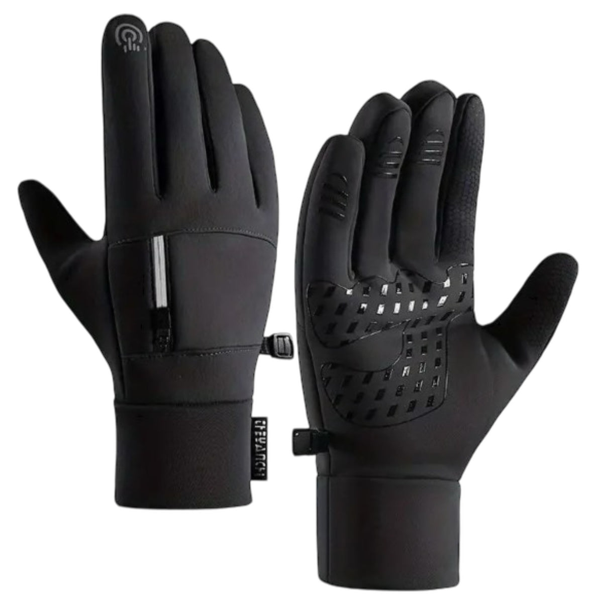 Schwarze Thermo-Sporthandschuhe Premium mit Reissverschluss-Tasche und Grip auf weissem Hintergrund