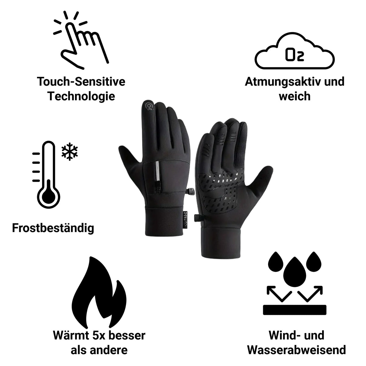 Übersicht der Vorteile der Premium Handschuhe: Wind- und wasserabweisend, Touchscreen-Funktion und Kälteschutz