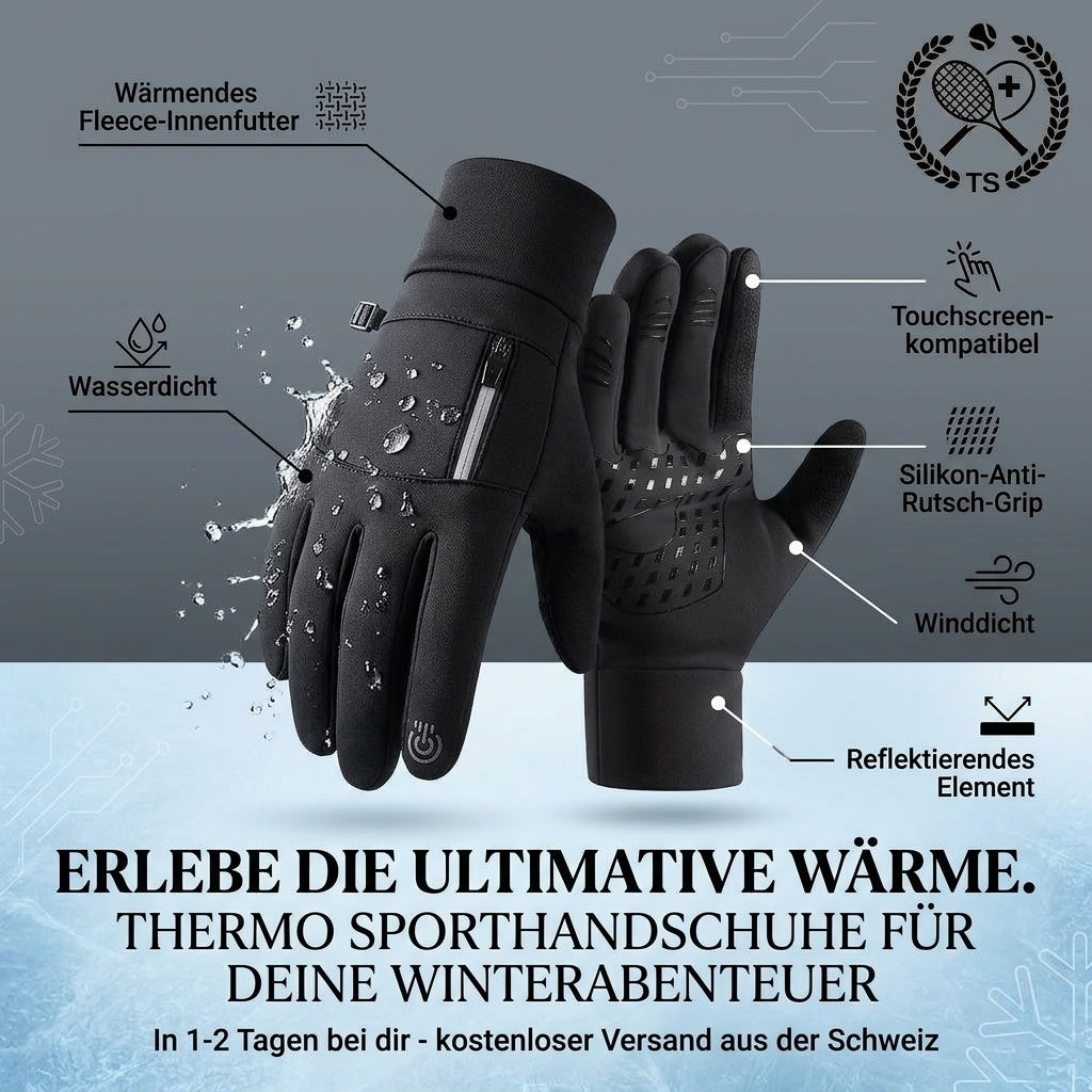 Infografik zu den Premium Thermo Sporthandschuhen mit wasserdichtem Material, Fleece-Futter, Silikon-Grip und Touch-Funktion